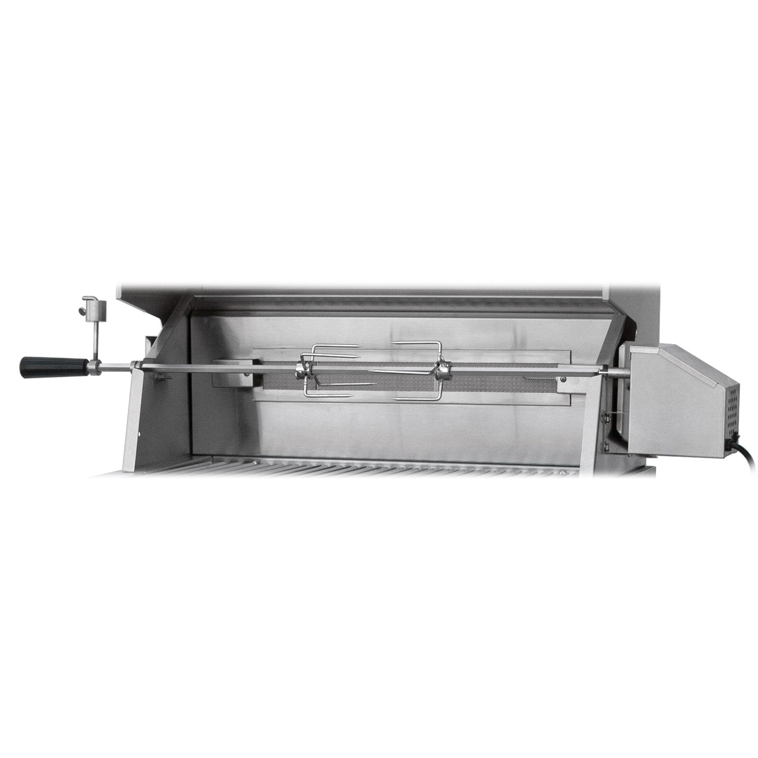 Stainless steel rotisserie kit with grilling spit and side motor housing