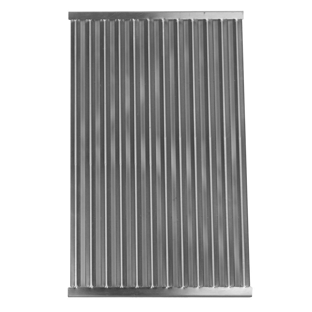 Stainless steel grill grate with vertical ridges and rectangular frame