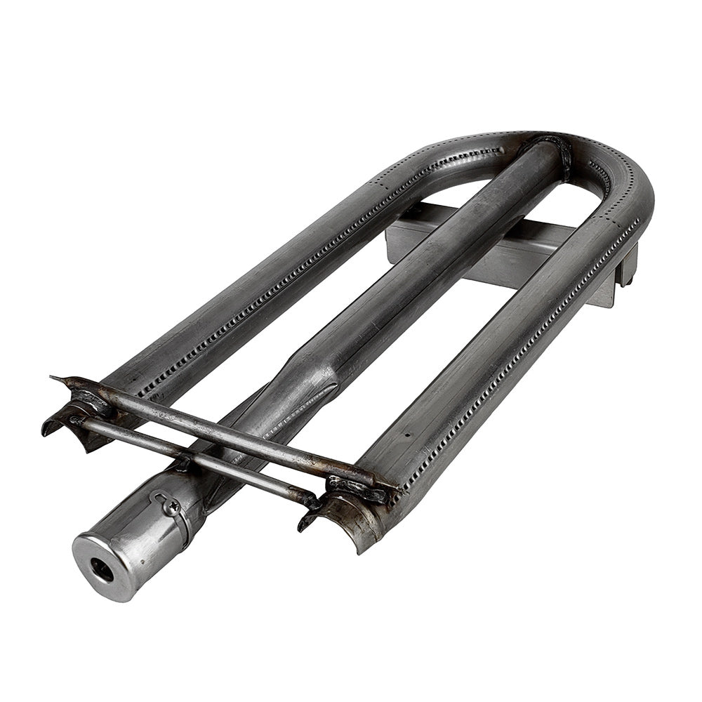 Stainless steel U-burner with mounting bracket and black insulating covers