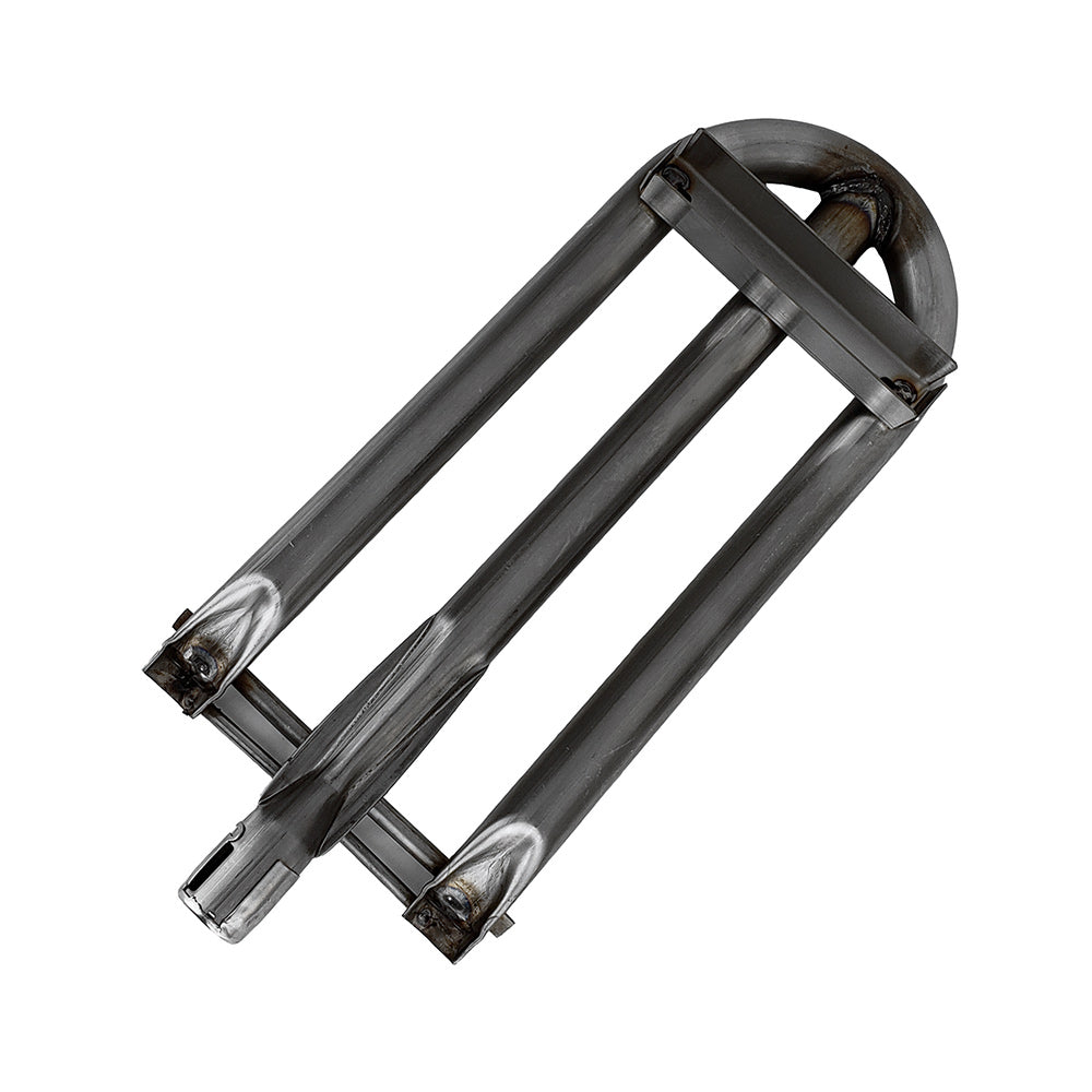 Stainless steel U-burner with black cross bars and insulated end caps