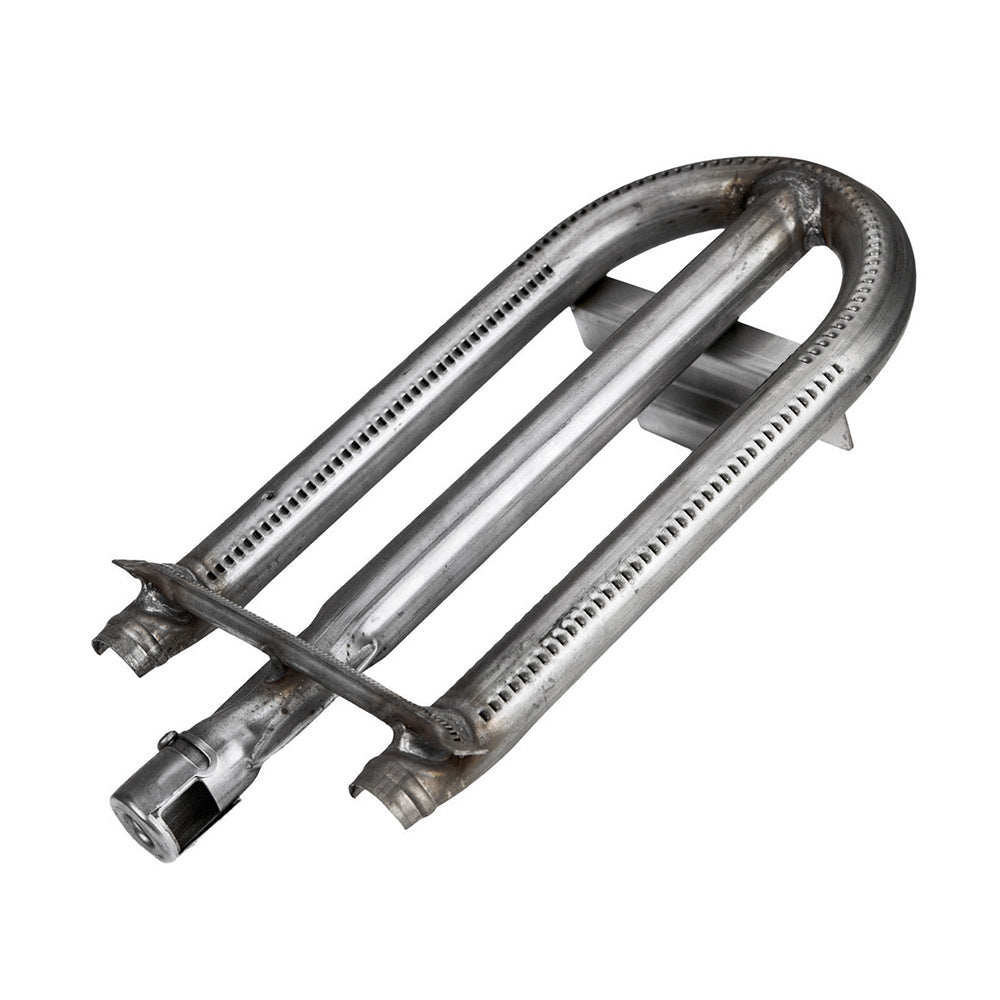 Stainless steel U-burner with twin tubes and perforated burner ports, angled view