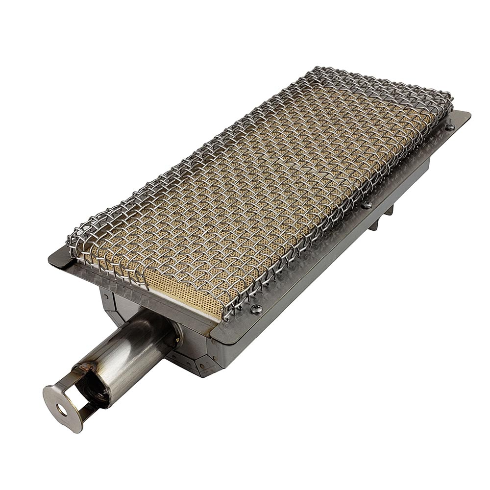 Infrared grill burner with mesh screen and cylindrical igniter tube on black base