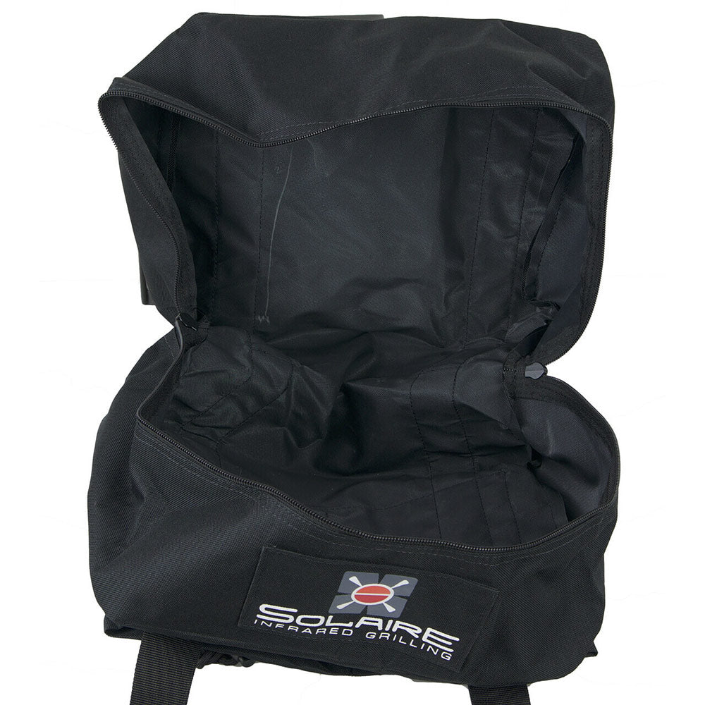 Solaire mini grill carry bag open, black interior with front zipper pocket and logo