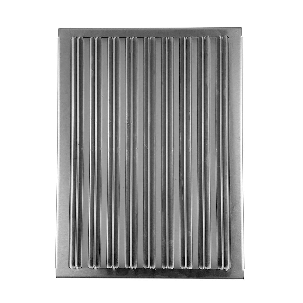 Stainless steel grill grate panel with vertical parallel bars and square border frame