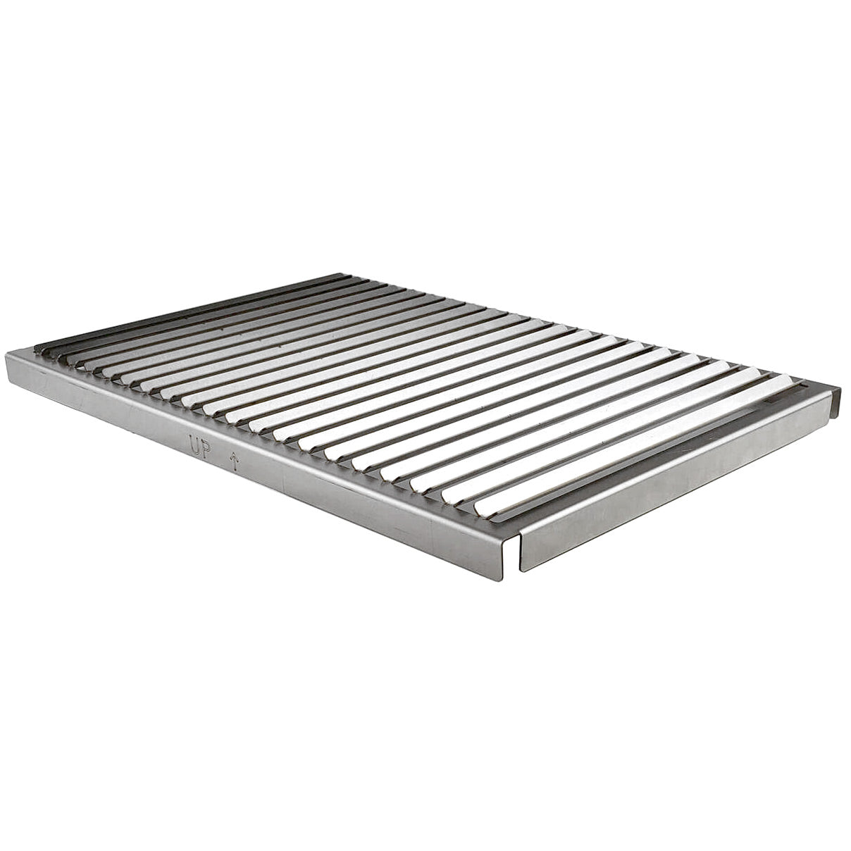 Stainless steel grill grate with parallel cooking bars and side frame, rectangular