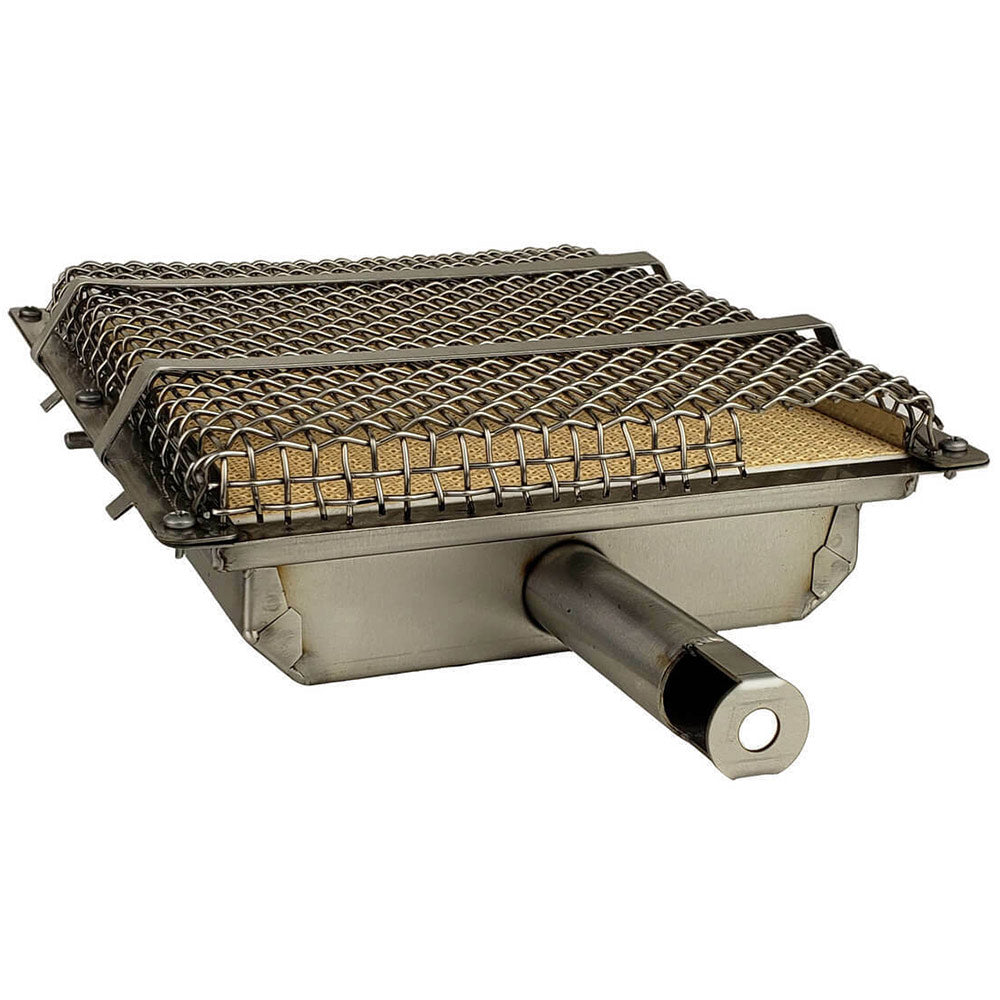 Infrared burner assembly with metal mesh screen and rectangular firebox housing