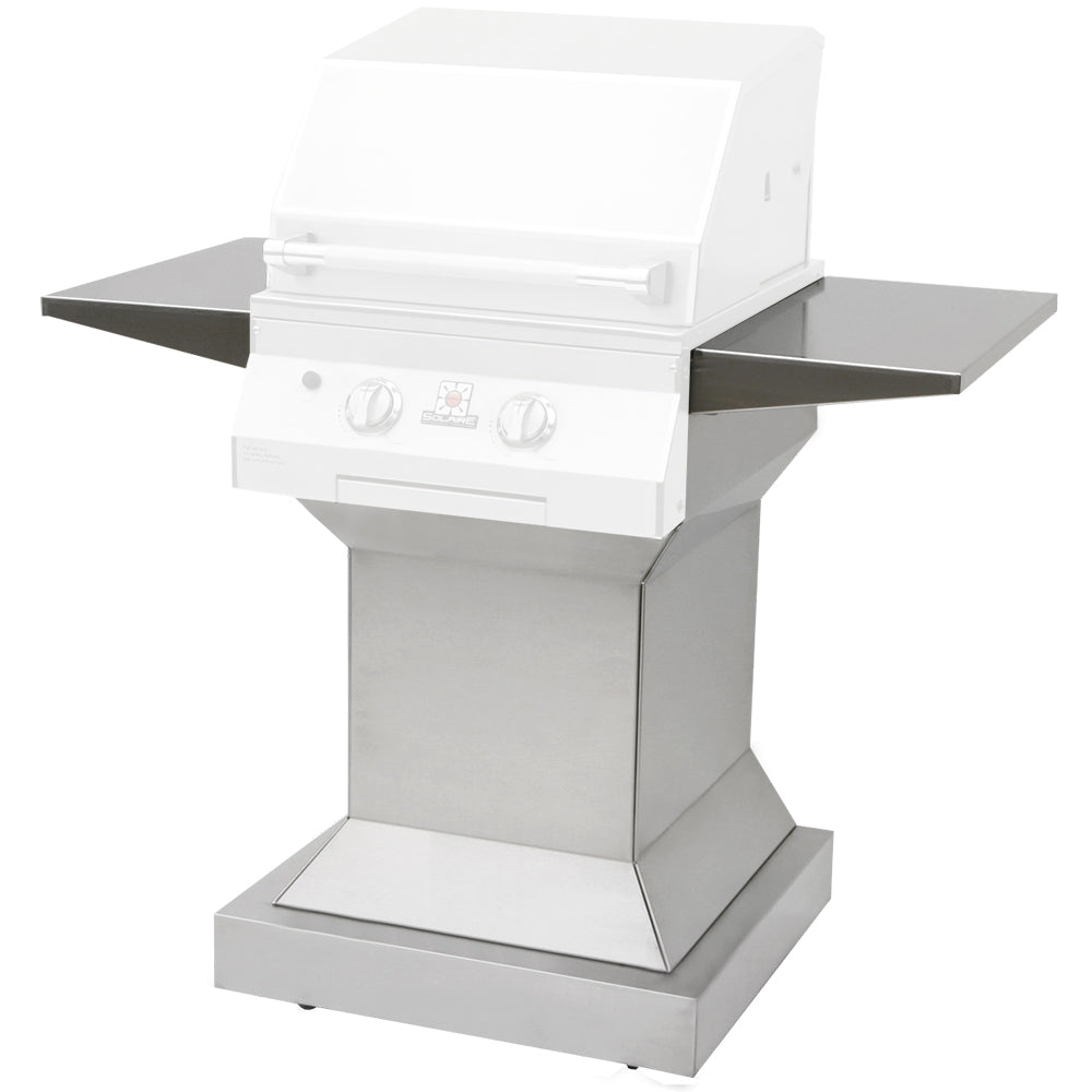 White angular grill pedestal base with side shelves and open cabinet