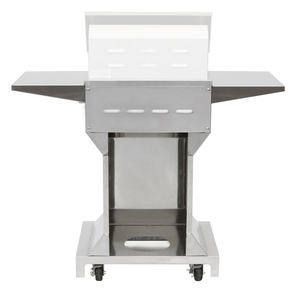 White angular grill pedestal base with open storage, side shelves, and caster wheels