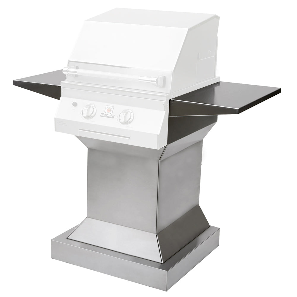 White grill with angular pedestal base, dark side shelves and control panel