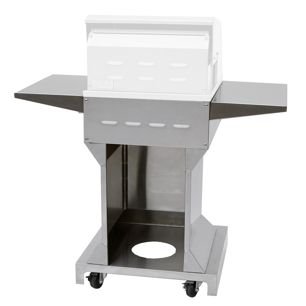 White grill stand with angular pedestal base, side shelves, and front access opening