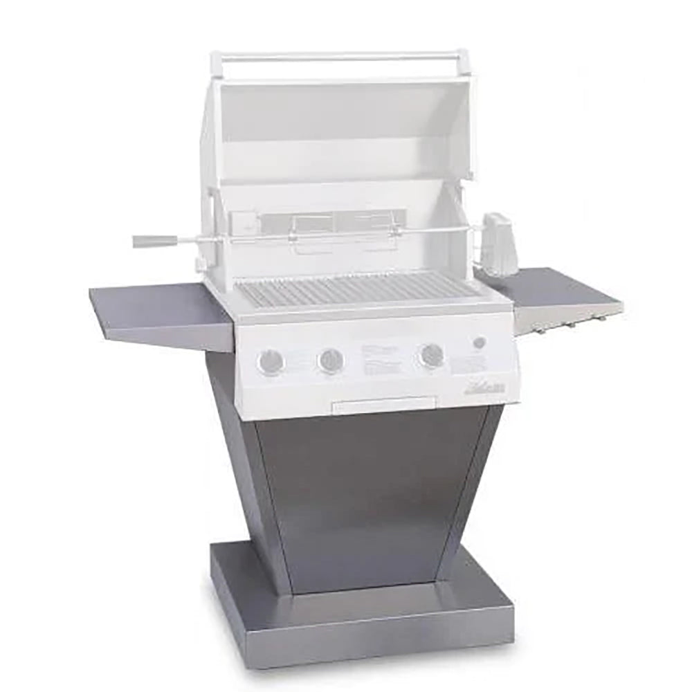 Angular pedestal base for grill, dark gray metal stand with open grill mounted on top