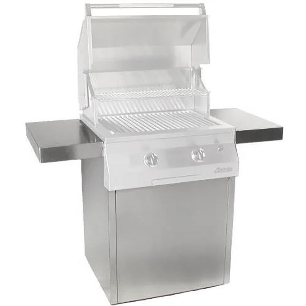 Stainless steel grill cart base with single door, side shelves, and open lid