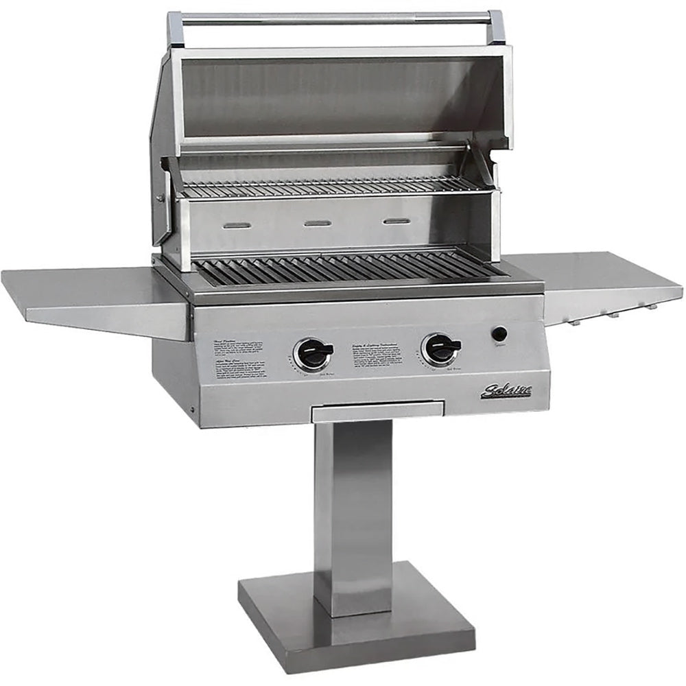 27-inch gas grill on bolt-down post with open lid and stainless steel body