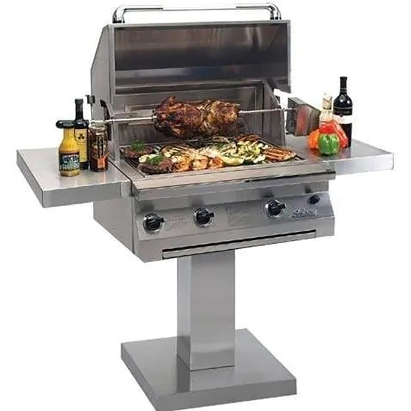 Stainless steel gas grill with rotisserie, open hood and food on main cooking grate