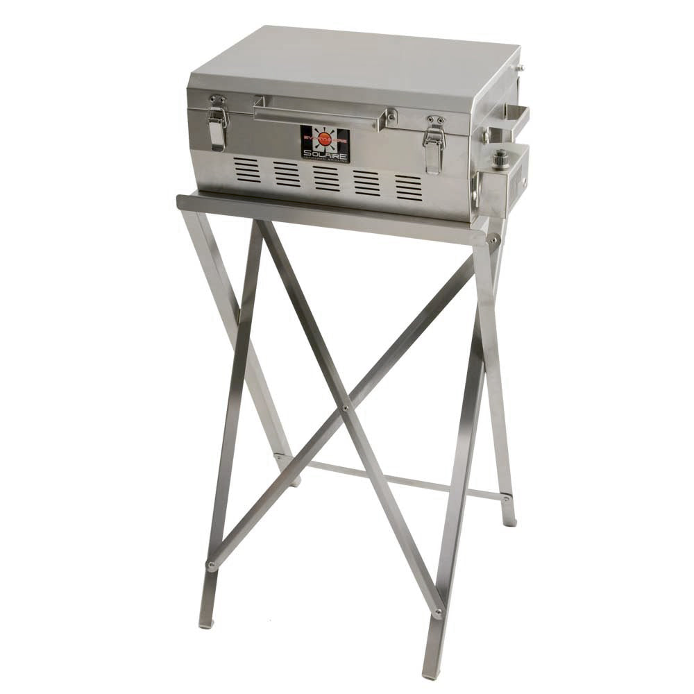 Stainless steel portable infrared grill with folding stand, open hood and side shelf