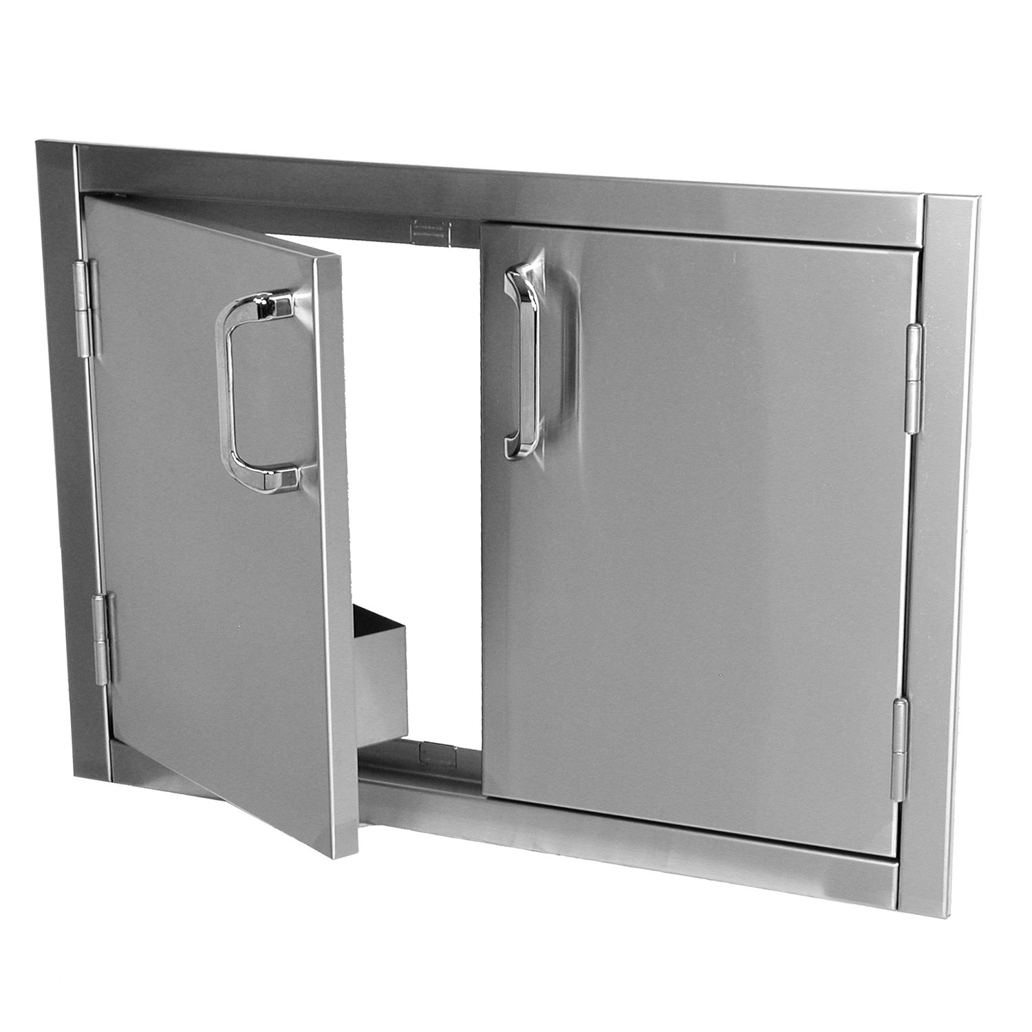 Flush mount double access doors, gray metal panels with latch and hinges