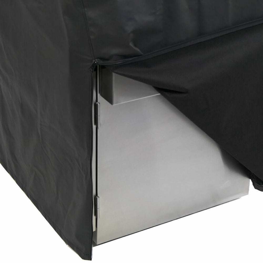 Black grill cover corner with zipper opening and gray waterproof lining
