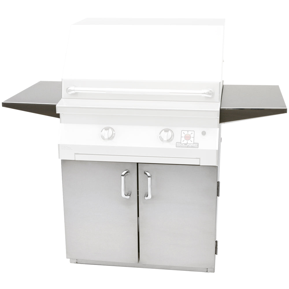 2-door grill cart with white cabinet, dark side shelves, front doors and control panel
