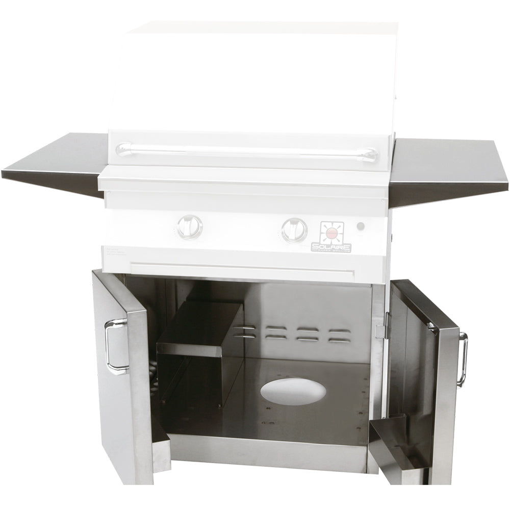 2-door grill cart with open cabinet doors, visible stainless firebox and side shelves