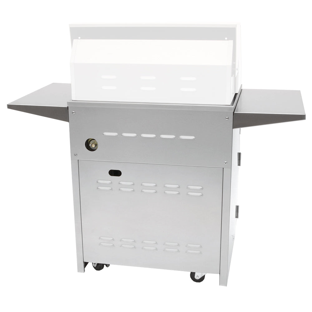 2-door grill cart with open lid, vent panel doors, dark side shelves, caster wheels