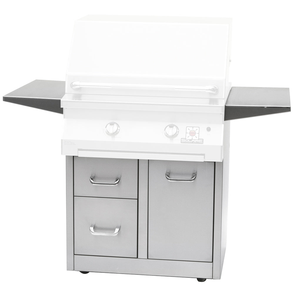 White 3-drawer grill cart with side shelves, pull-out drawers, and cabinet doors
