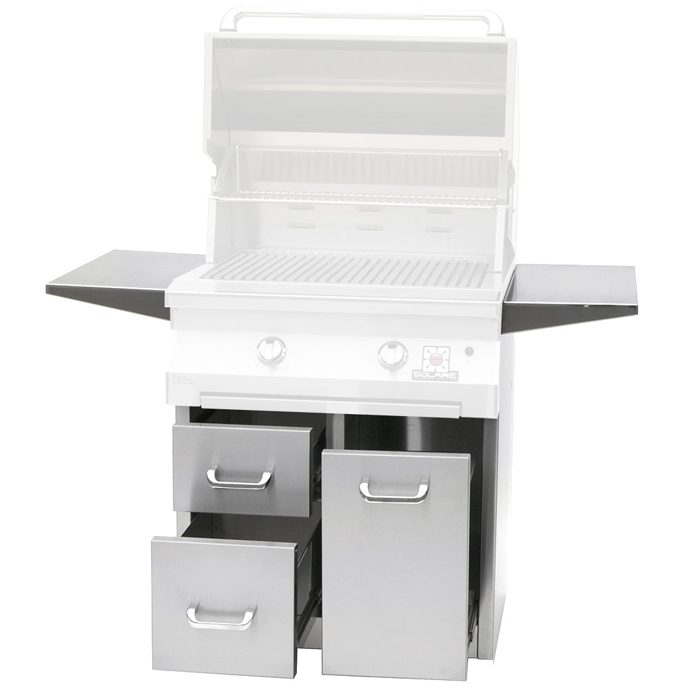 White grill cart with open lid, side shelves, three pull-out drawers, and cooking grates