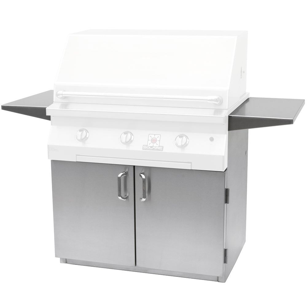 2-door grill cart with white lid, two silver doors, side shelves, and control knobs