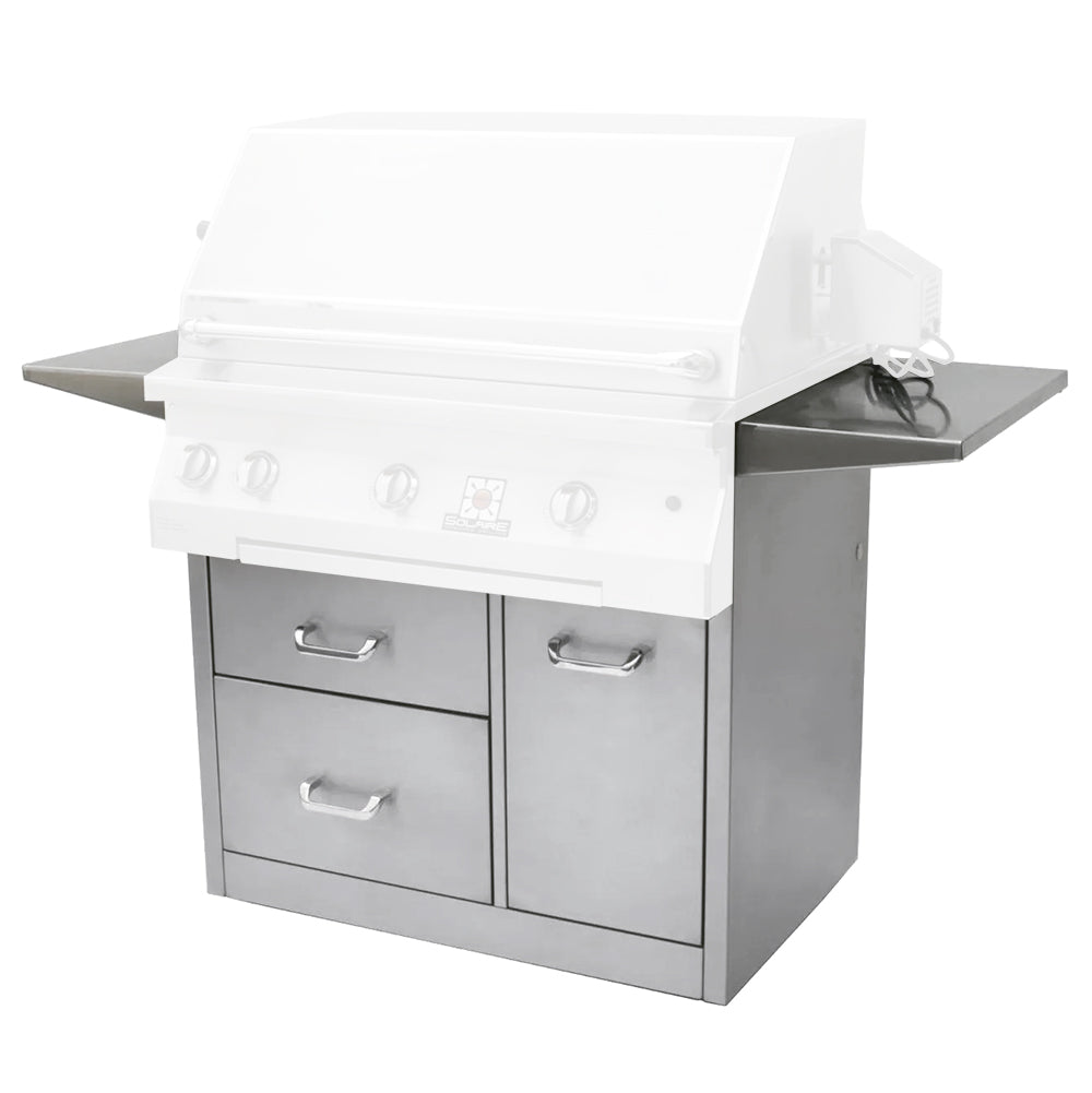 White grill cart with side shelf, open drawers, and built-in grill