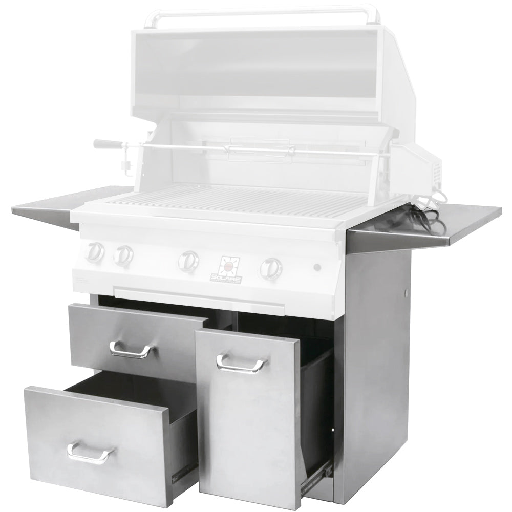 White grill cart with side shelf and three open drawers for storage