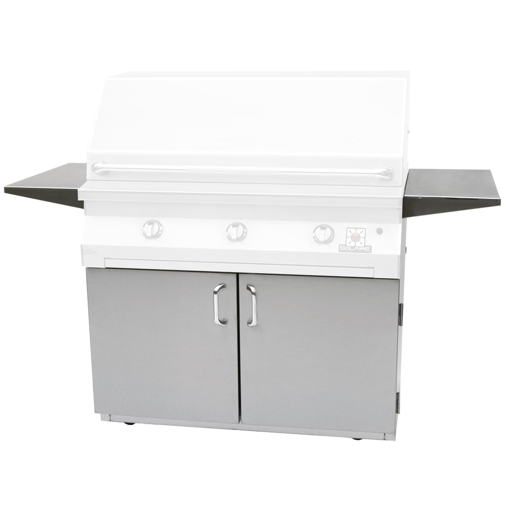 White 42-inch grill cart with open lid, control knobs, cabinet doors, side shelves.