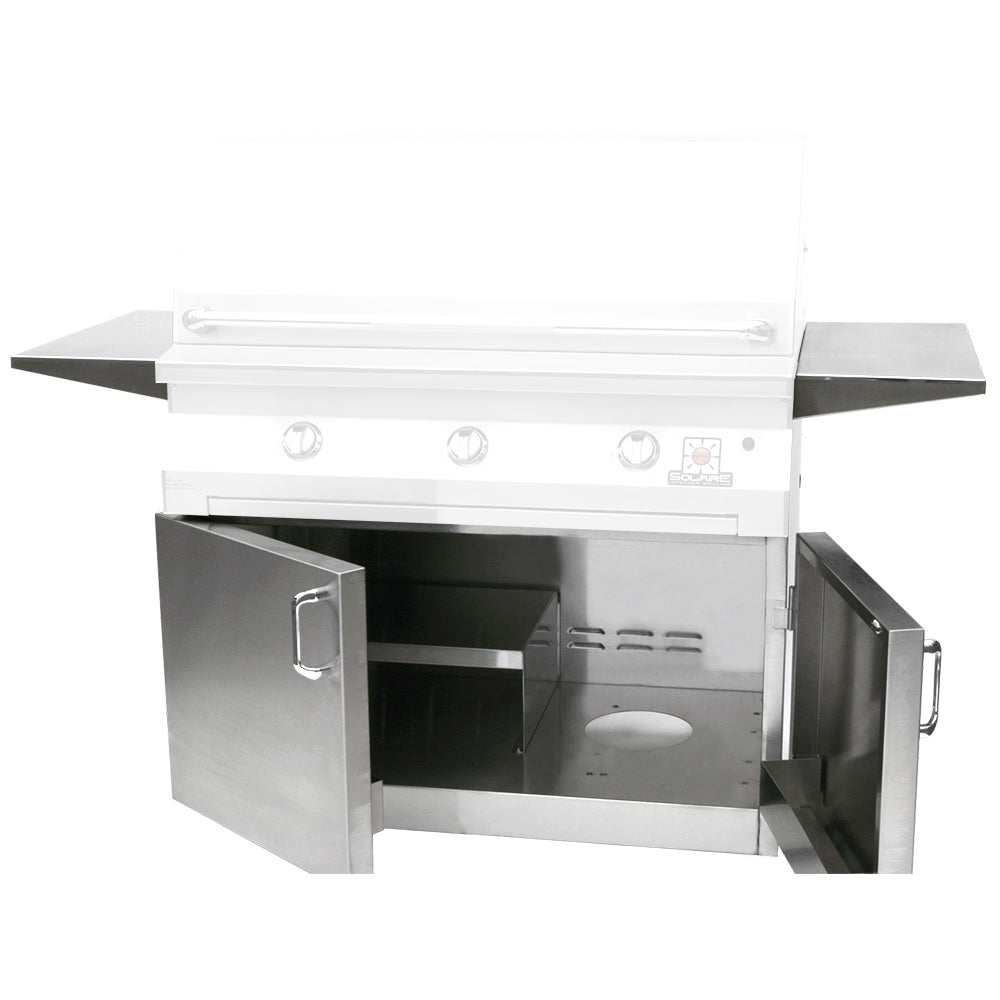 White grill cart with open lower cabinet, stainless interior, side shelves and door.