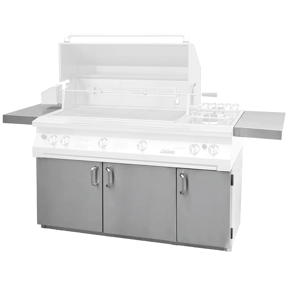 56-inch grill cart with three doors, white cabinet and open lid