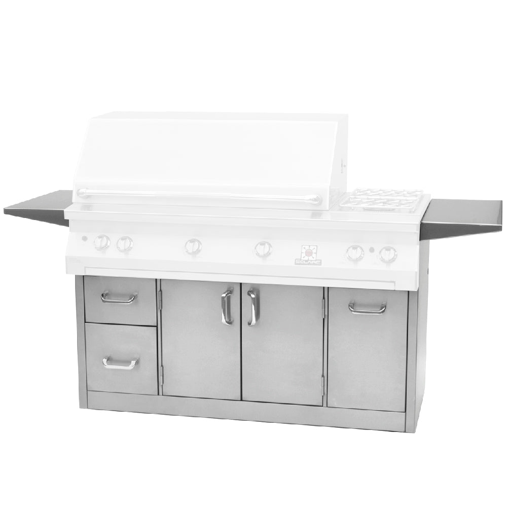 56-inch grill cart with two doors and three drawers, white exterior, side shelves