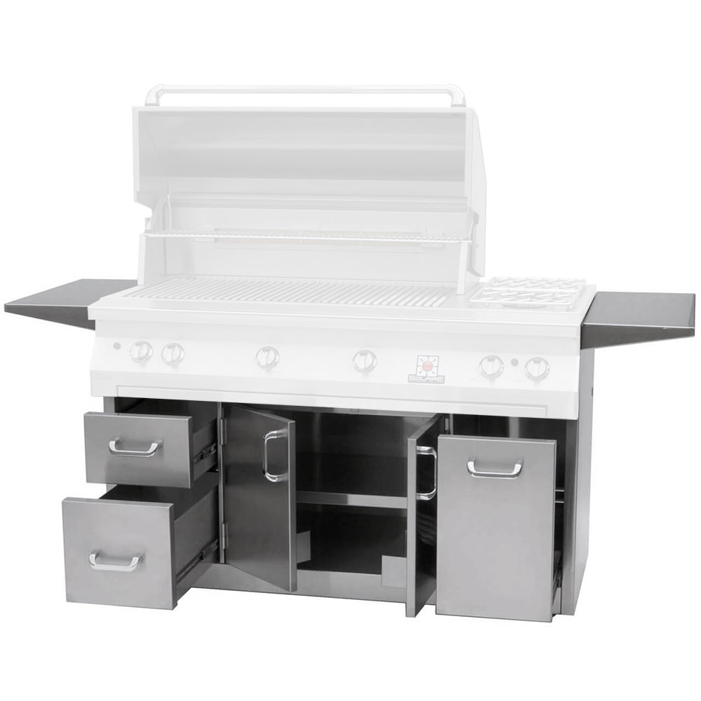 56-inch grill cart with side shelves, doors open to storage, three drawers