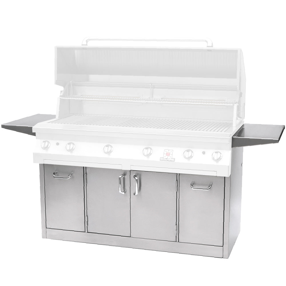 White grill cart with open lid, two doors and drawers, side shelf