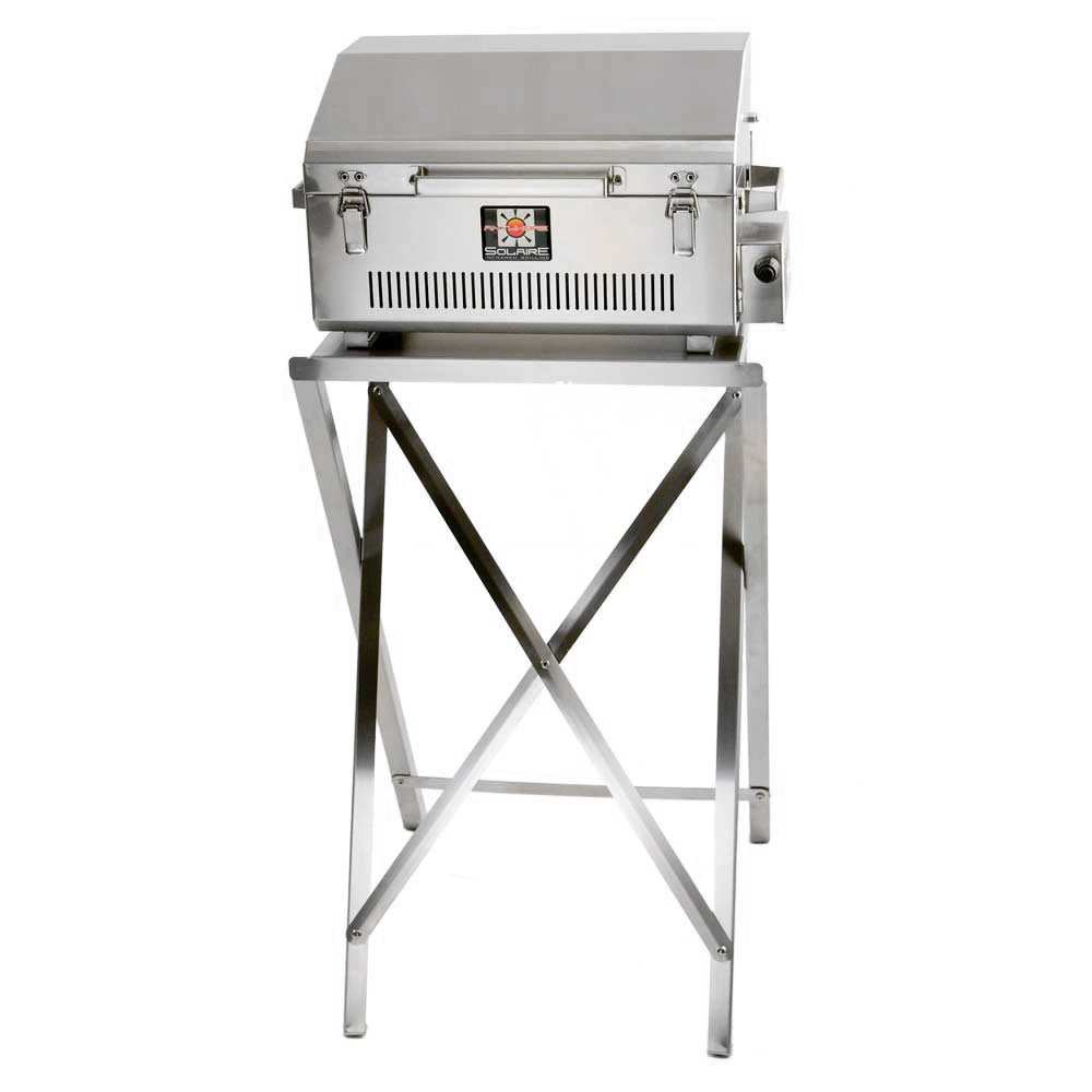 Portable infrared grill with stainless steel stand, front control panel and side handles