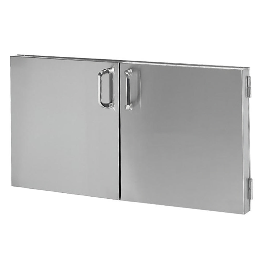 Gray metal double access doors with raised panels, central seam and latch handles