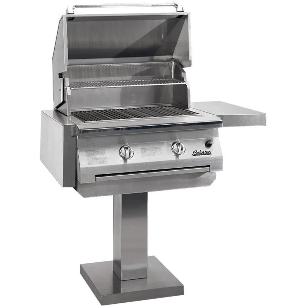Stainless steel gas grill with open lid and front control knobs on pedestal base