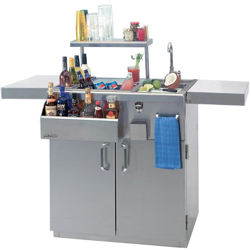 Stainless steel freestanding bartender center with side doors, towel hook, and worktop bar tools