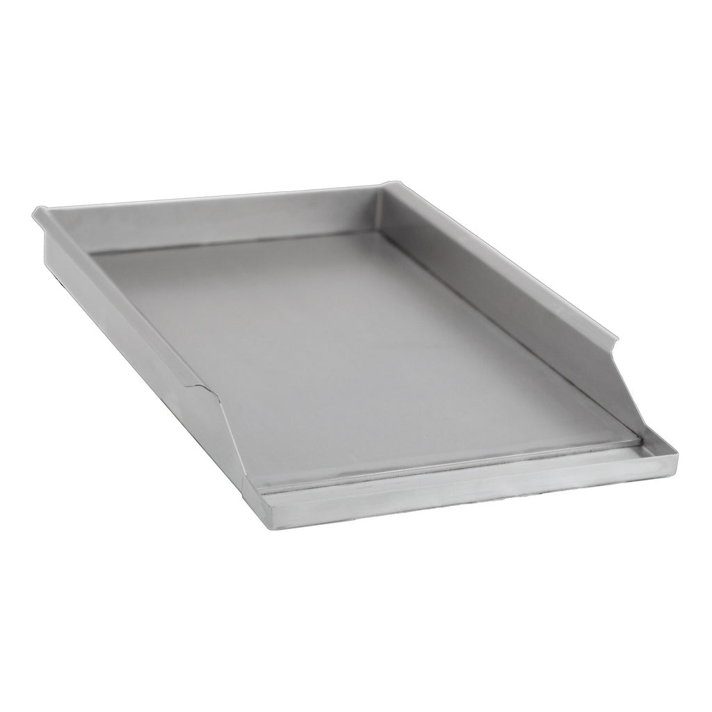 Rectangular stainless steel griddle plate with raised edges and flat cooking surface