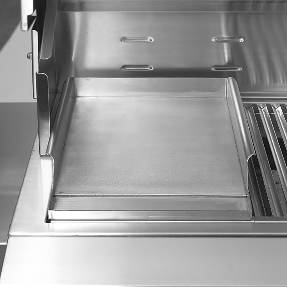 Stainless steel griddle plate in grill with side ledges