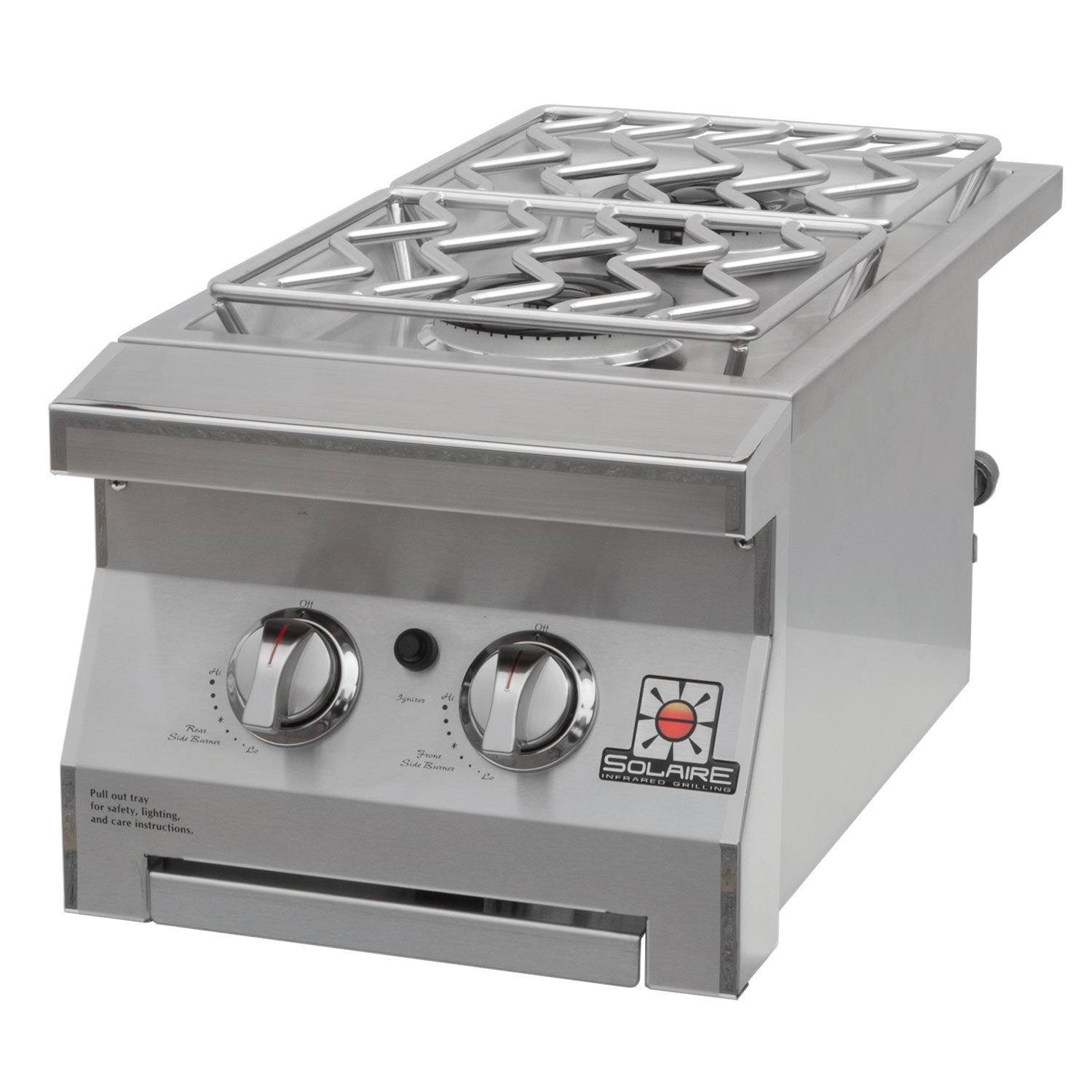 Stainless steel double side burner with two control knobs and burner grate