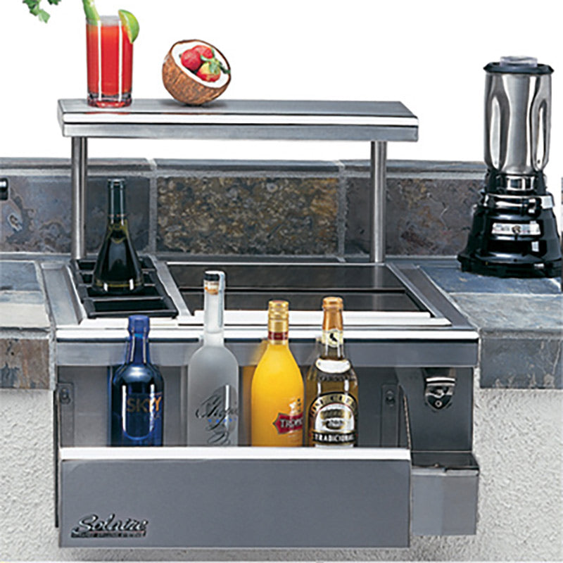 Stainless steel built-in bartender center with front drawers and bottle compartments