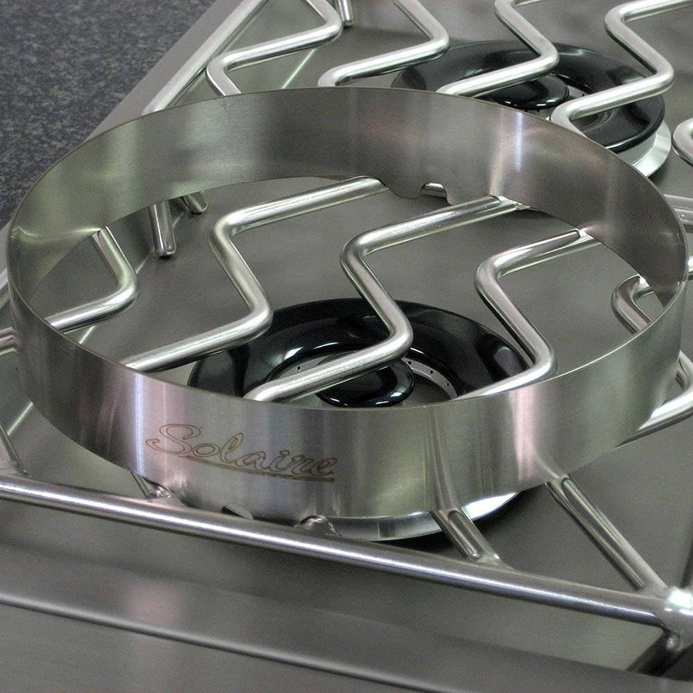 Stainless steel wok ring with Solaire logo, raised edges and burner supports