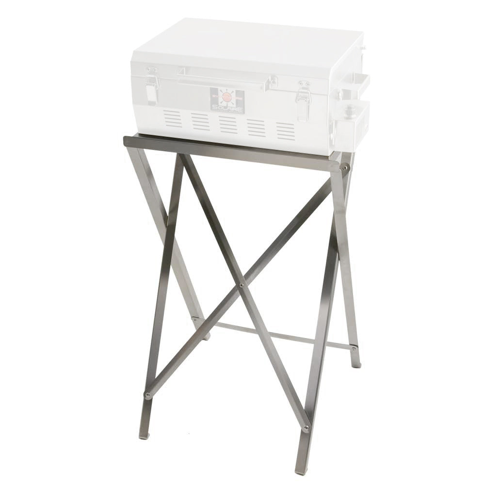 Stainless steel portable grill stand with top platform and crossed support legs
