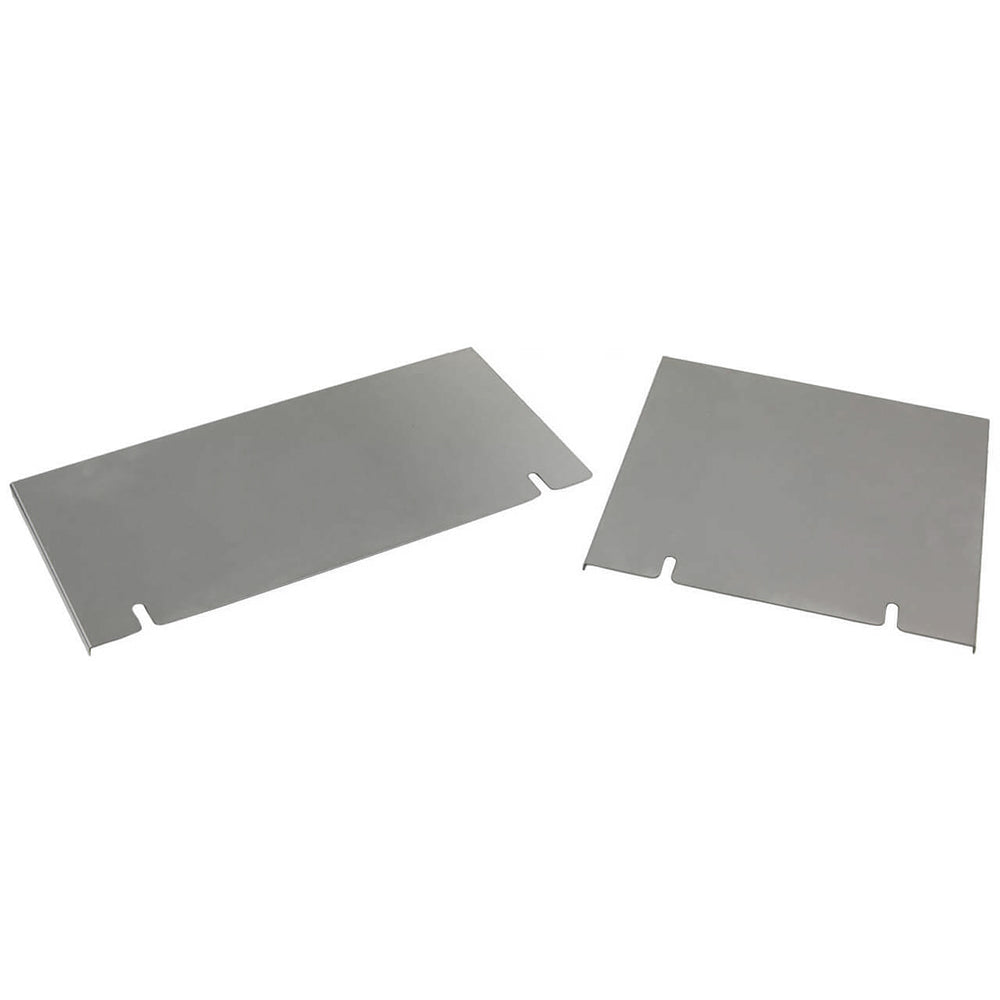 Grey side and front shelf panels with mounting tabs, two-piece set