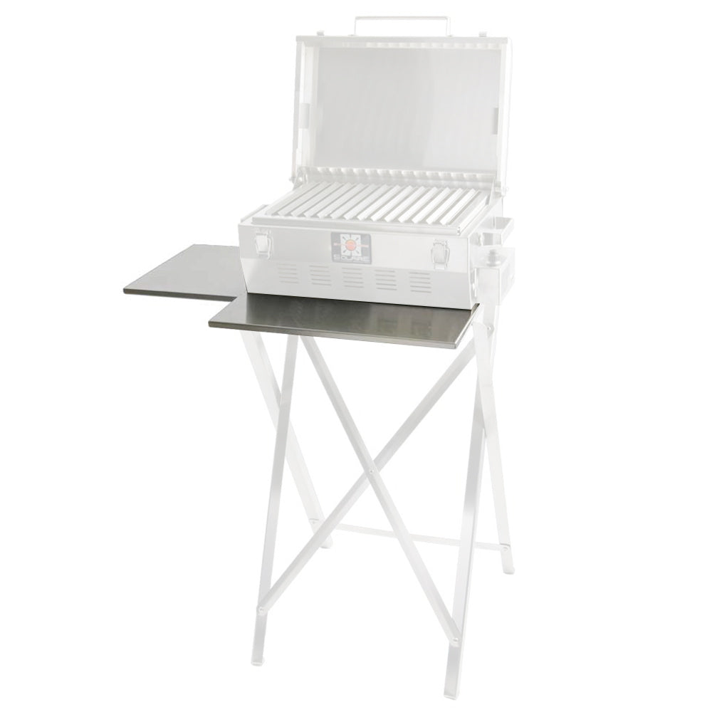 Grey front and side shelves attached to grill stand with brackets