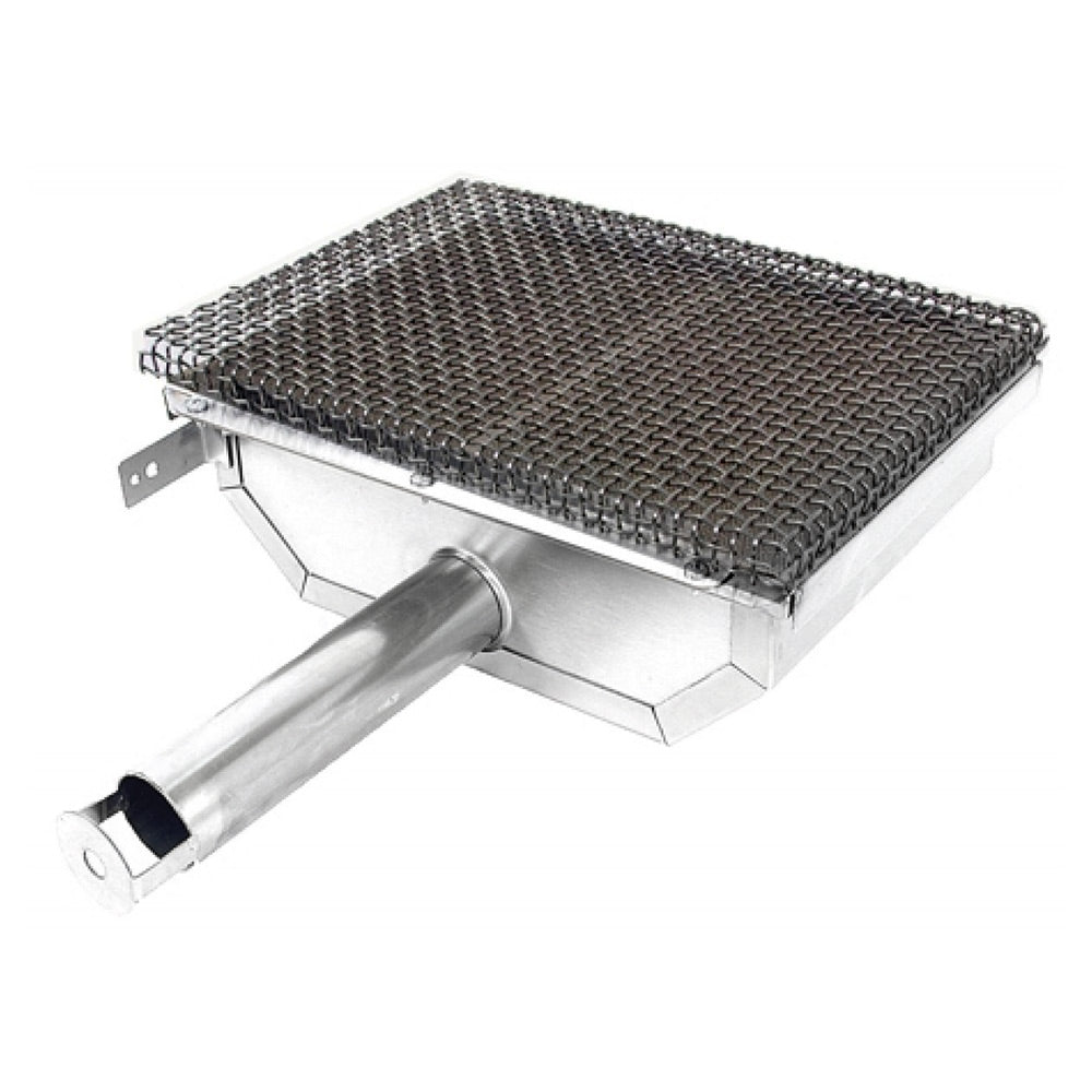 Infrared grill burner with black wire mesh heat shield and stainless steel frame
