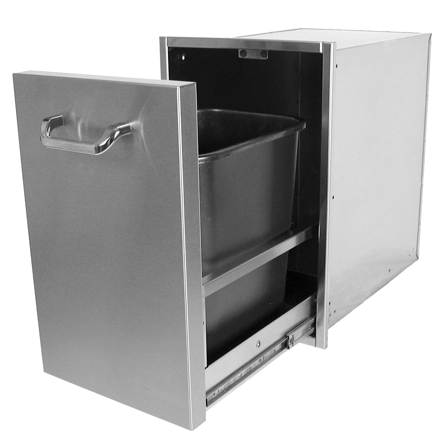 Stainless steel pull-out trash drawer with open bin and handle