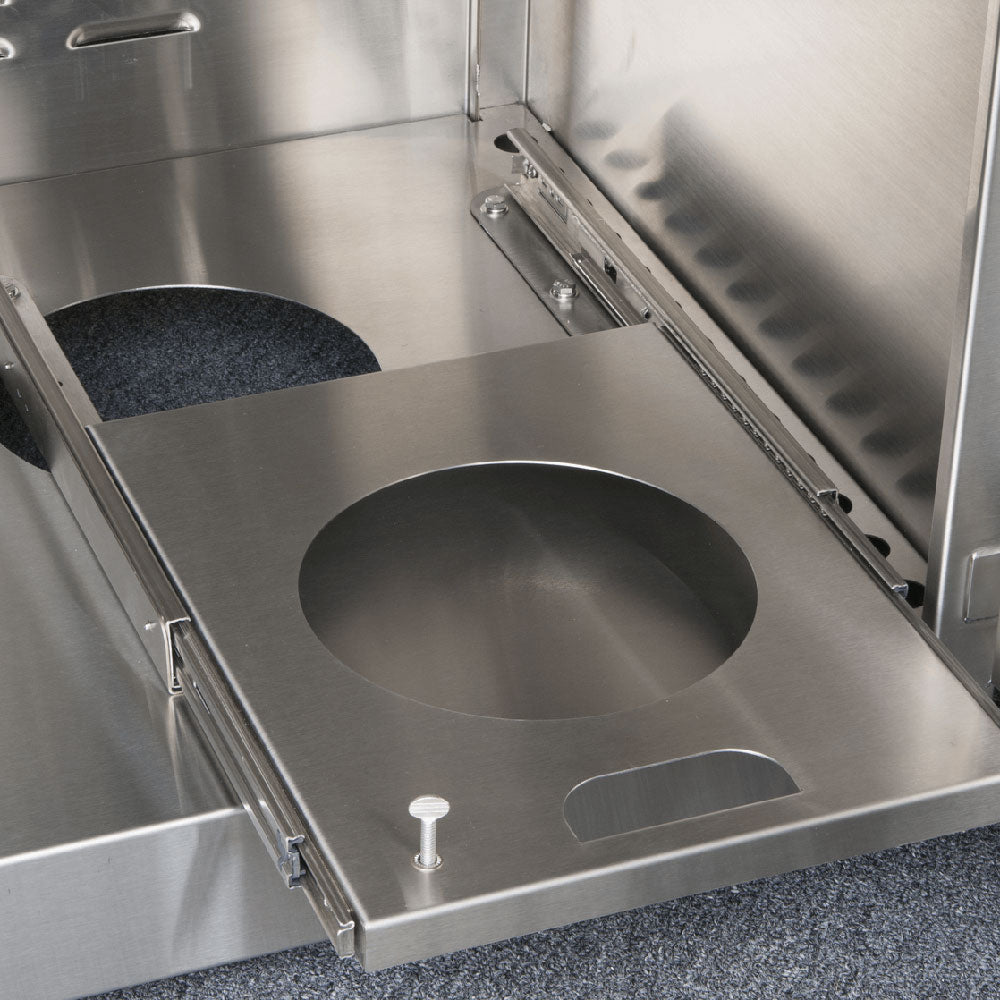 Stainless steel slide-out tank kit tray with circular opening and side latch